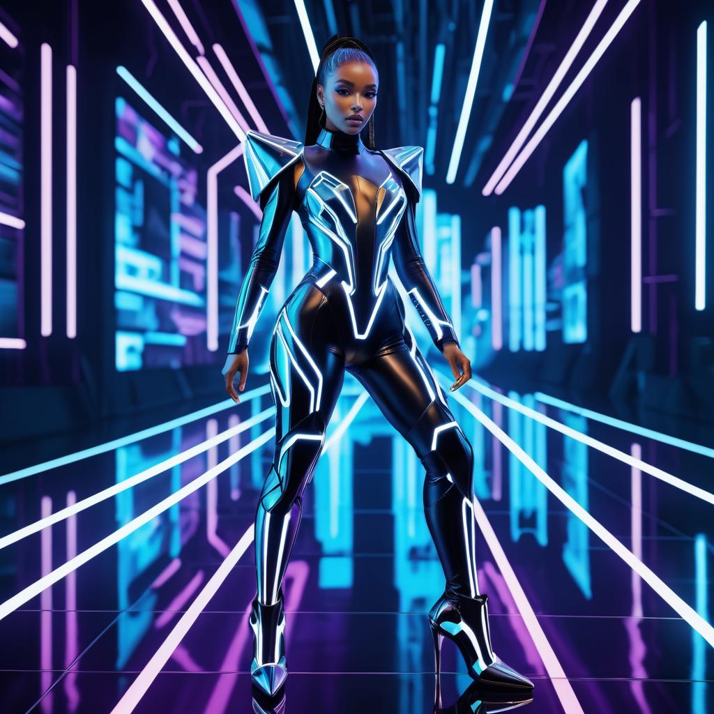 Futuristic Robot Model on Neon Runway