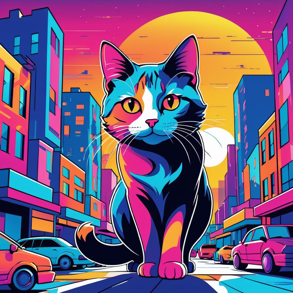 Heroic Cat in Vibrant Urban Landscape