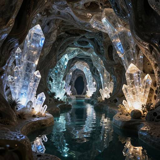 Photograph of a glowing, crystal-filled cave with illuminated ice crystals, water, and rocky formations, creating a mystical, otherworldly ambiance.