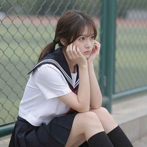 Melancholic Asian Woman in Sailor Uniform