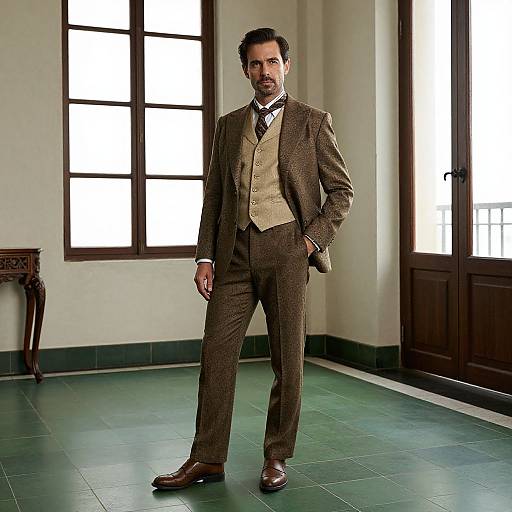 Photograph of a handsome, bearded man in a brown tweed suit, cream waistcoat, and tie, standing confidently in a brightly lit,