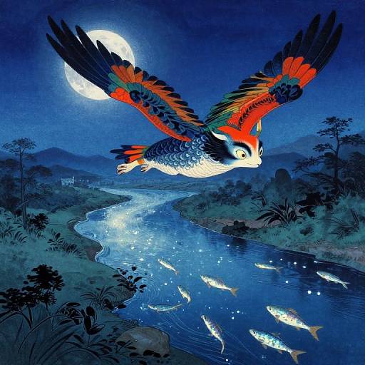 Vibrant digital painting of a red, black, and white bird with outstretched wings soaring over a glowing blue river at night, with a