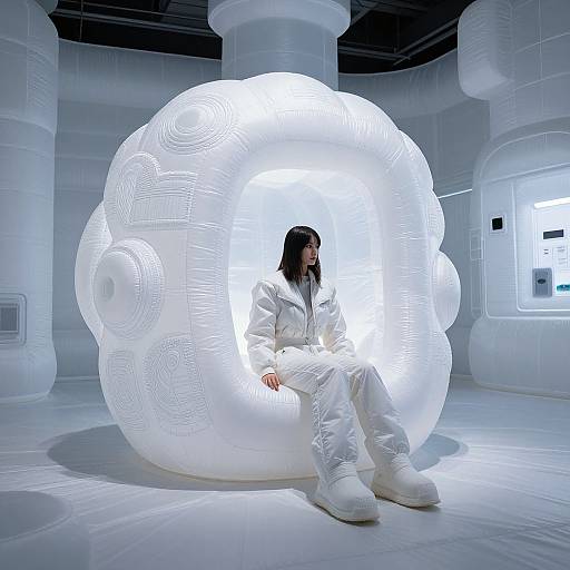 Photograph of a woman with long black hair, wearing a white puffy jacket, pants, and boots, sitting inside a glowing, white, spherical