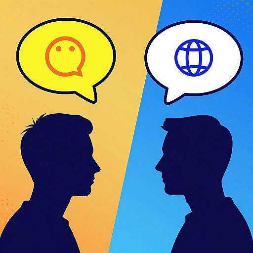 Silhouetted male profiles against orange and blue backgrounds, with yellow speech bubble containing a smiley face, and blue speech bubble with globe symbol.