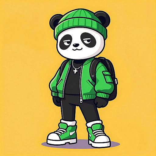 Cartoon panda wearing green beanie, jacket, black shirt, cross necklace, black pants, green sneakers, and backpack on yellow background.