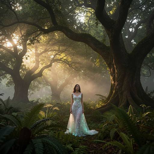 Photograph of a woman in a sparkling white, floor-length gown standing in a misty forest with tall, sunlit trees and ferns.