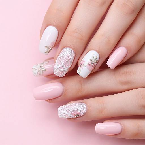 Elegant Pink and White Floral Nails