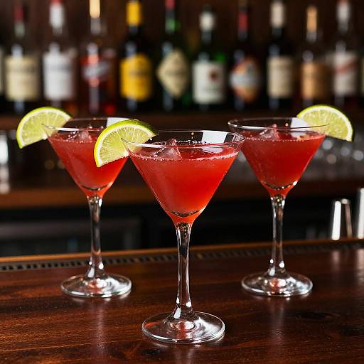 Photograph of three vibrant red cocktails in martini glasses with lemon slices, on a dark wooden bar counter, blurred liquor bottles in the background.