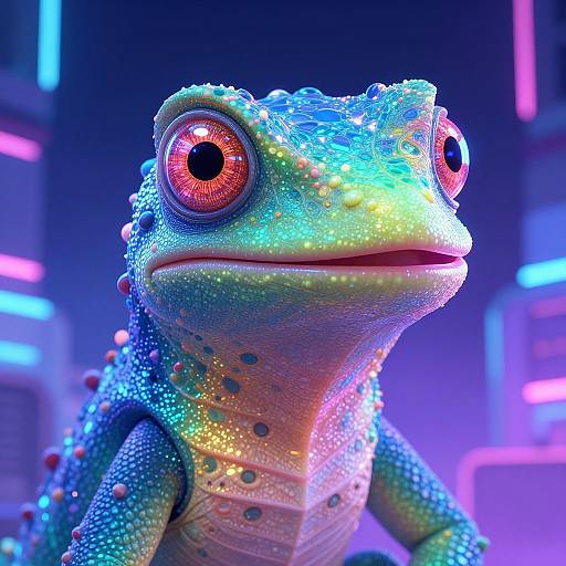 CGI close-up of a vibrant, iridescent frog with large red eyes, glowing rainbow skin, and textured surface, set against a neon-l