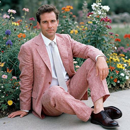 Photograph of a handsome man with short brown hair, wearing a pink checkered suit, white shirt, black shoes, sitting in a vibrant flower garden