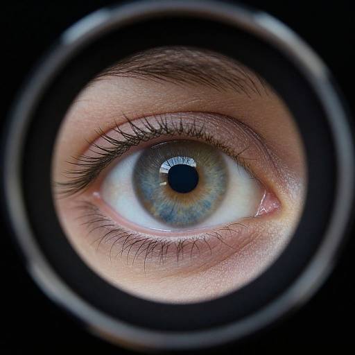 Close-up photograph of a blue-eyed human eye, viewed through a camera lens, showing detailed iris, pupil, and eyelashes against a black background.