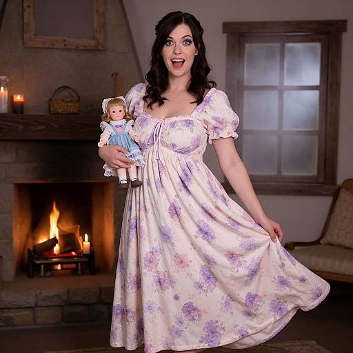 Photograph of a smiling woman with long black hair, wearing a white floral dress, holding a baby in a blue dress, in a cozy, lit
