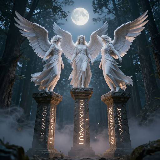Photograph-style CGI: Three glowing white winged angels stand on tall stone pillars under a full moon in a foggy forest, with 