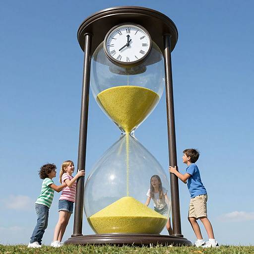 Photograph of three children standing around a large hourglass clock with yellow sand, under a clear blue sky, on grass.