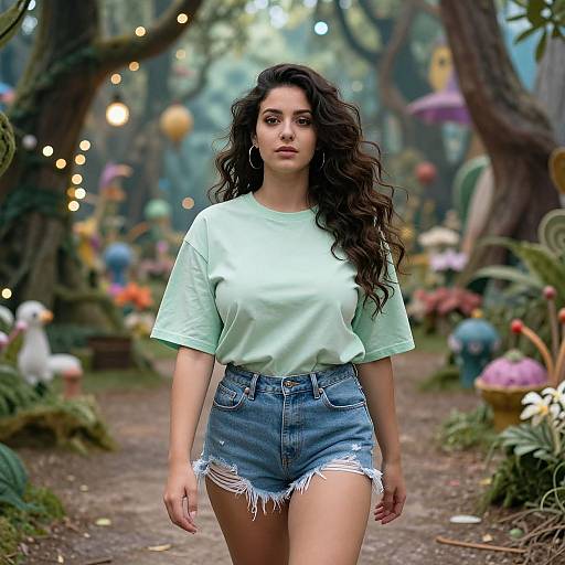Photograph of a young woman with long, wavy dark hair, wearing a light green t-shirt and frayed denim shorts, walking through a whims