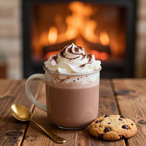 Photograph of a chocolate-swirled mug of hot cocoa with whipped cream, a gold spoon, and a chocolate chip cookie on a wooden table,