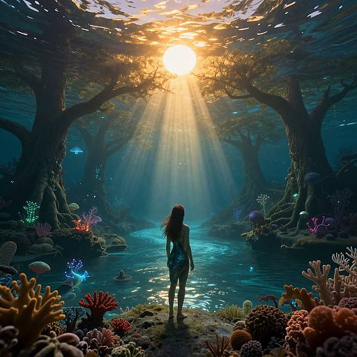 Digital artwork: A girl with long brown hair stands in a glowing, underwater forest, surrounded by colorful corals and bioluminescent fish, with