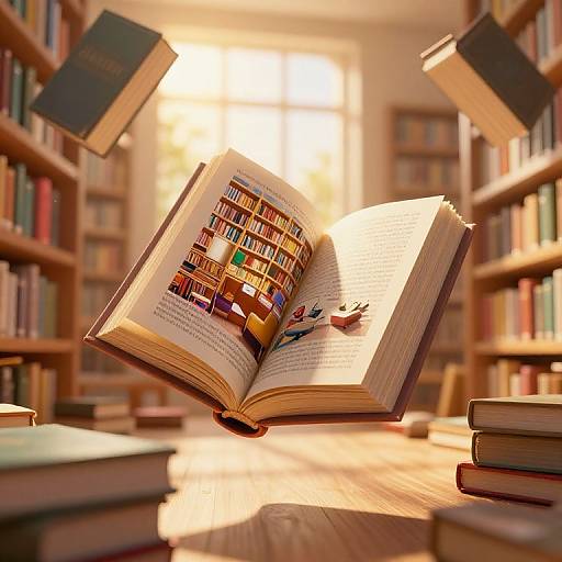 Photograph of an open book with colorful book covers and illustrations, floating in a library with sunlight streaming through windows. Books hover around, creating a magical