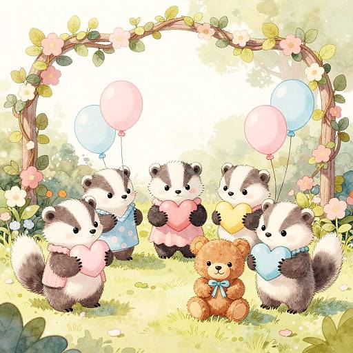 Pastel Baby Badgers in Cozy Garden