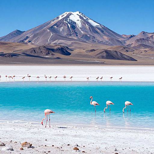 Photograph of pink flamingos in bright blue water with a snowy mountain backdrop, under a clear blue sky. White shoreline in foreground. Flamingos