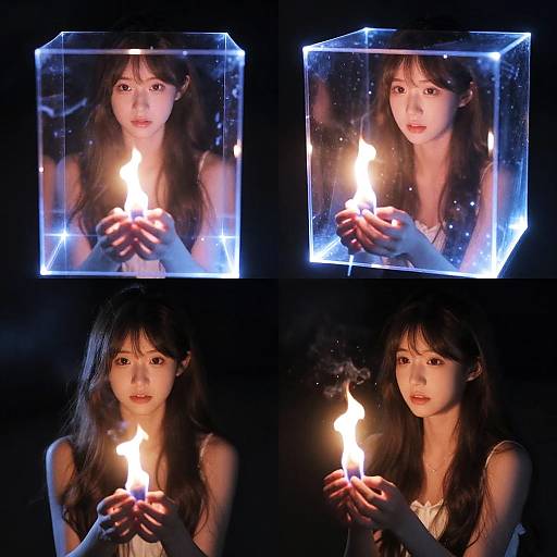 Photograph collage of an Asian woman with long black hair, holding a lit candle inside a glowing, transparent cube, against a dark background. Her expression