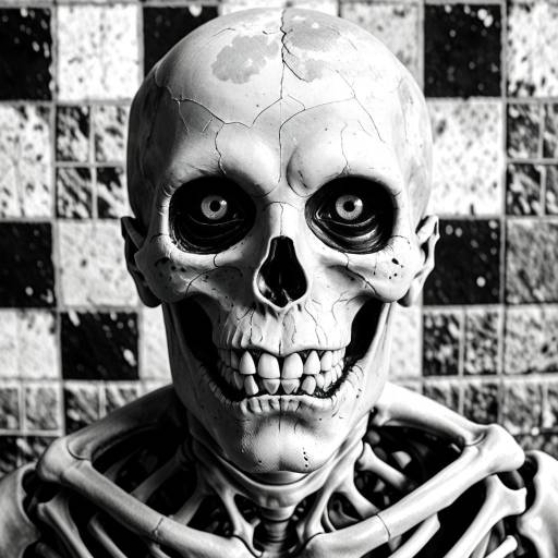 Surreal Skull with Wide Eyes on Checkered Background