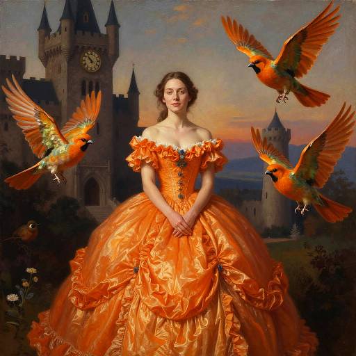 Photograph-style painting of a fair-skinned woman in an orange, off-the-shoulder ball gown, standing before a castle, surrounded by four