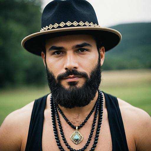 Bearded Man Wearing Black Hat and Necklaces Outdoors
