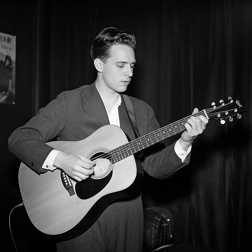 Black-and-white photograph of a young man with slicked-back hair, wearing a dark suit and white shirt, playing an acoustic guitar on a stage with