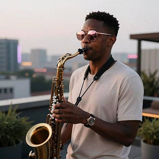 Vintage Saxophonist on Neon Rooftop at Dusk