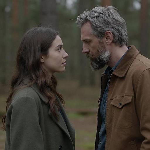 Intense Gaze Between Man and Woman in Forest
