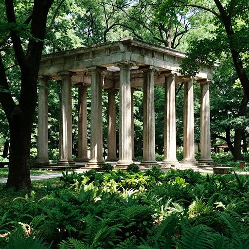 Photograph of a classical-style stone pergola with tall, fluted columns surrounded by dense green foliage and ferns in a sunlit forest.