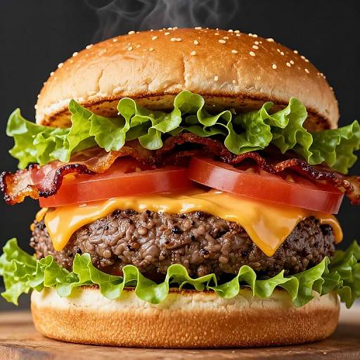Photograph of a juicy, steamy cheeseburger with a beef patty, melted cheese, bacon, lettuce, tomato, and onion on a sesame