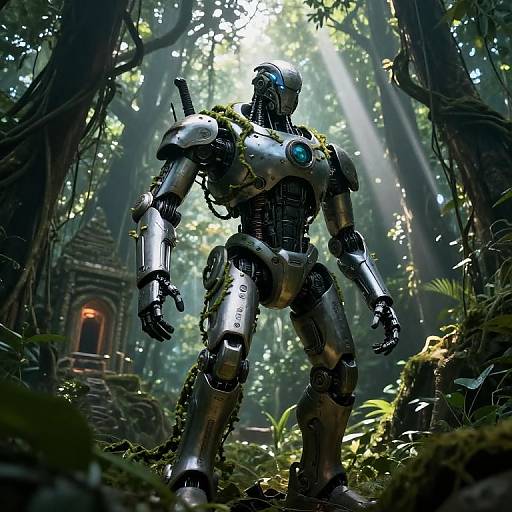 Digital CGI image of a futuristic, silver robotic warrior standing in a dense, sunlit forest with ancient ruins in the background.