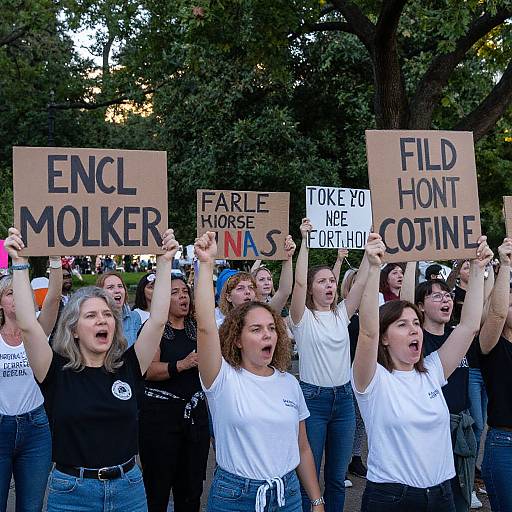 Photograph of diverse group of young women in white and black shirts, holding 