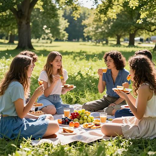 Photograph of four young women with curly hair, sitting on a blanket in a sunlit park, enjoying a picnic with fruit and drinks, laughing and