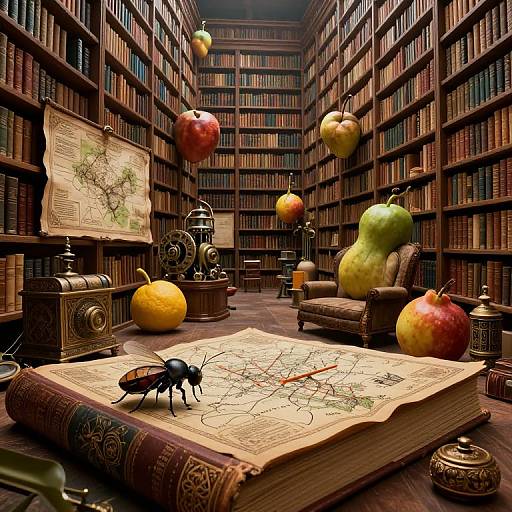 Photorealistic image of a library with floating apples, an open map book, antique clock, and a beetle on a wooden floor.