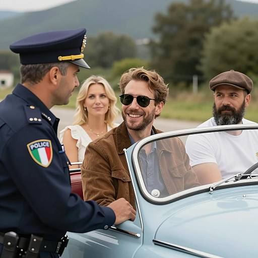 Italian Police Officer Talking to Group in Vintage Car