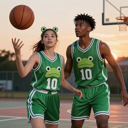 Young Basketball Players in Green Frog Jerseys at Sunset