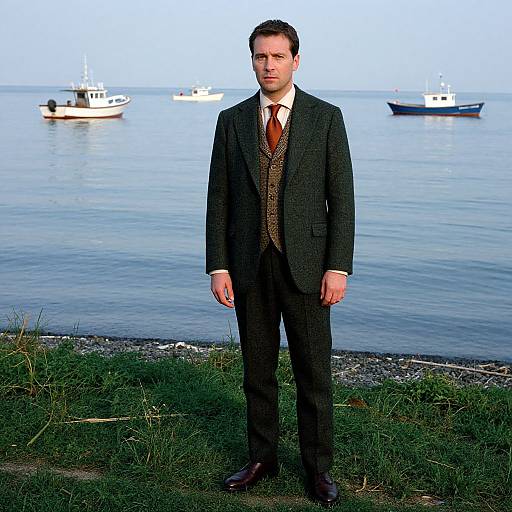 Photograph of a handsome man in a dark suit, red tie, and brown vest standing on grass by a calm sea with two boats in the background
