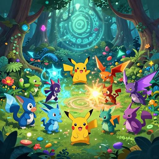 Vibrant digital illustration of Pokémon in a magical forest. Pikachu center, surrounded by various Pokémon, glowing crystals, and colorful flowers. Ethereal blue