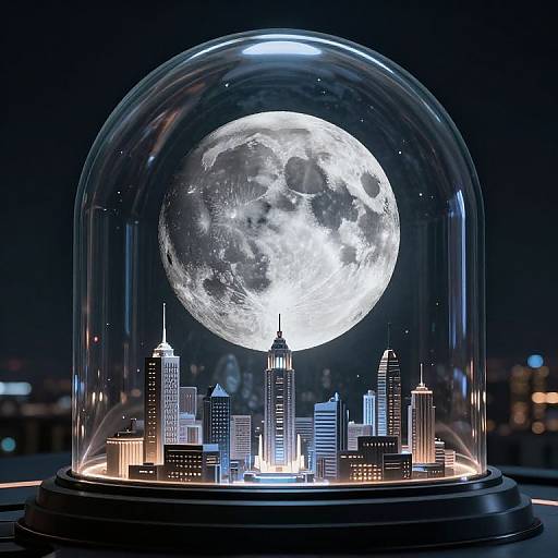 Photograph of a detailed cityscape under a clear dome, illuminated by a large, glowing full moon in the night sky.