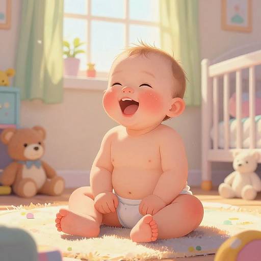 Digital illustration of a chubby, laughing baby with rosy cheeks, sitting on a sunlit, fluffy rug in a cozy nursery.