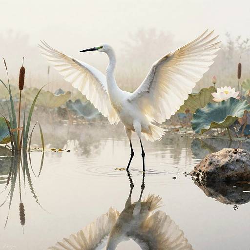 Watercolor Egret in Misty Marsh