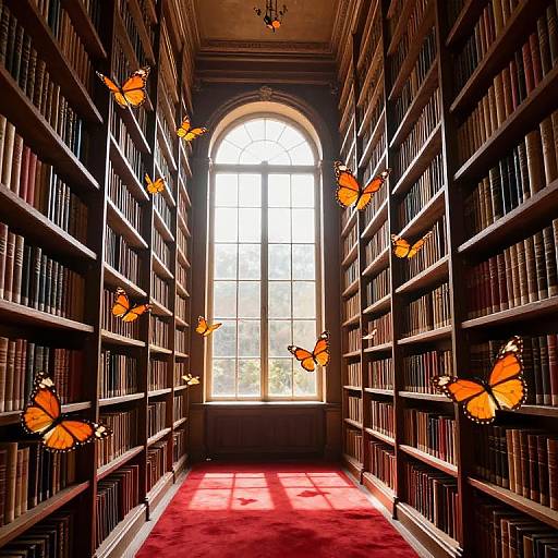 Sunlit Grand Library with Butterflies