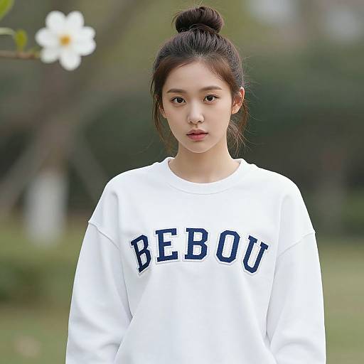 Photograph of an East Asian woman with fair skin, black hair in a bun, wearing a white 