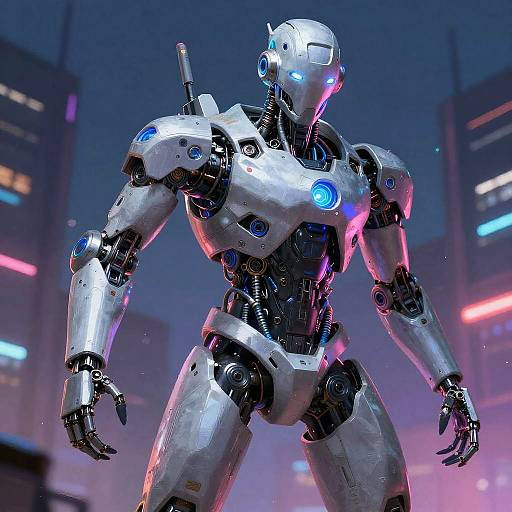 CGI image of a futuristic, white, humanoid robot with blue glowing eyes and accents, standing in a neon-lit, cyberpunk cityscape.