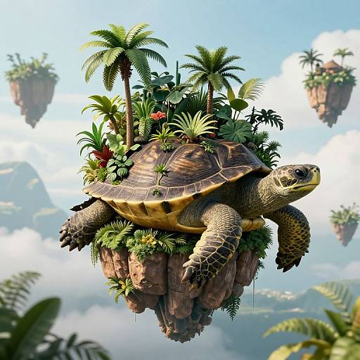 Digital illustration of a giant turtle floating in mid-air, covered in lush greenery and palm trees, surrounded by floating island clusters and a bright blue sky