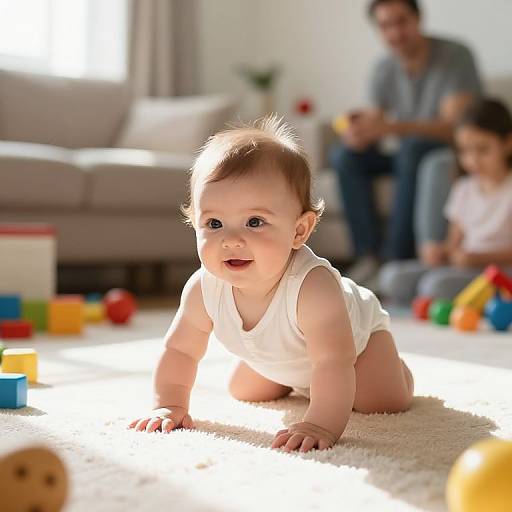Photograph of a smiling baby crawling on a white carpet, surrounded by colorful toys, with a blurred adult and child in the background. Bright sunlight illumin