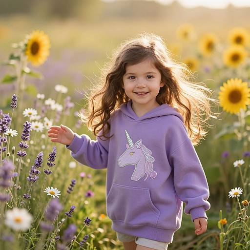 Photograph of a smiling young girl with long brown hair, wearing a lavender hoodie with a unicorn design, standing in a sunlit field of sunflowers